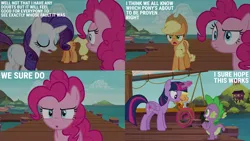 Size: 2000x1125 | Tagged: safe, derpibooru import, edit, edited screencap, editor:quoterific, screencap, applejack, pinkie pie, rarity, spike, twilight sparkle, twilight sparkle (alicorn), alicorn, g4, ppov, boat, image, lifejacket, ocean, pier, png, seaward shoals, water