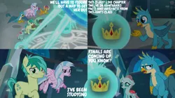 Size: 2000x1125 | Tagged: safe, derpibooru import, edit, edited screencap, editor:quoterific, screencap, gallus, ocellus, sandbar, silverstream, smolder, yona, g4, school raze, amulet, amulet of aurora, crown, crown of grover, image, jewelry, knuckerbocker's shell, png, regalia, school of friendship, shell, student six