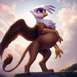 Size: 1024x1024 | Tagged: safe, ai content, derpibooru import, machine learning assisted, machine learning generated, prompter:jaguarcalamitydejv, gilda, gryphon, g4, belly, big belly, bipedal, cloud, female, image, jpeg, light, pregnant, rock, sky, solo, standing, standing on rocks, wings