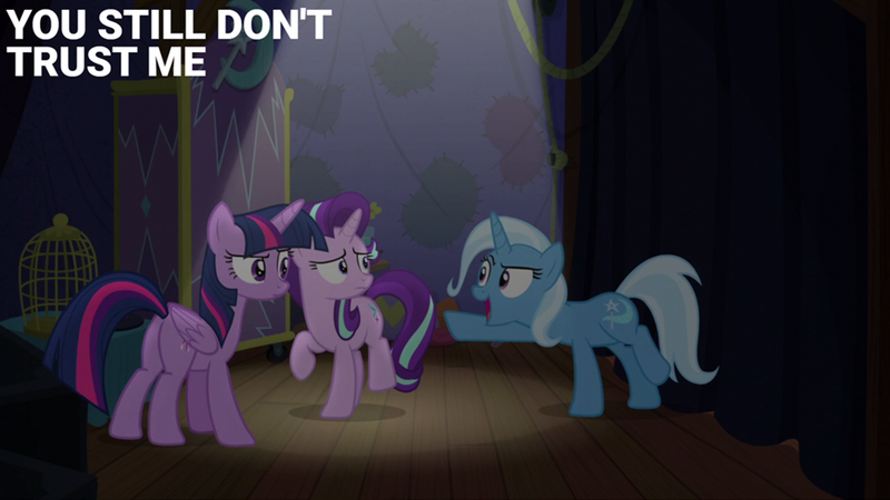 Size: 2000x1125 | Tagged: safe, derpibooru import, edit, edited screencap, editor:quoterific, screencap, starlight glimmer, trixie, twilight sparkle, twilight sparkle (alicorn), alicorn, g4, no second prances, cage, female, image, png, spotlight, stage, trio, trio female