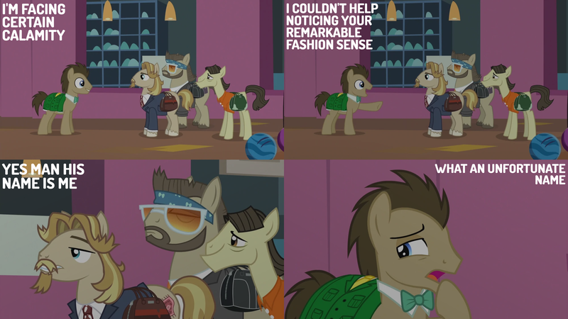 Size: 2000x1125 | Tagged: safe, derpibooru import, edit, edited screencap, editor:quoterific, screencap, colter sobchak, doctor whooves, jeff letrotski, theodore donald "donny" kerabatsos, time turner, g4, slice of life (episode), bowling alley, bowling ball, image, png, the big lebowski