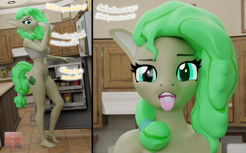 Size: 8000x5000 | Tagged: questionable, artist:lumimation, derpibooru import, oc, oc:clover mint, unofficial characters only, anthro, earth pony, plantigrade anthro, absurd file size, absurd resolution, accident, bikini, bikini bottom, clothes, cum, cum drinking, cum in mouth, female, glow, glowing eyes, image, implied cum, kitchen, png, refrigerator, short shirt, solo, solo female, standing, swimsuit