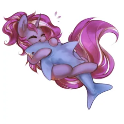 Size: 2500x2500 | Tagged: safe, artist:mirroredsea, derpibooru import, oc, oc:mercurial, unofficial characters only, pony, shark, unicorn, blåhaj, commission, cute, female, horn, hug, image, mare, plushie, png, shark plushie, smiling, solo