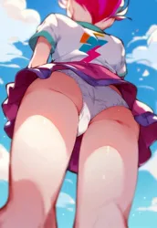 Size: 704x1024 | Tagged: suggestive, ai content, derpibooru import, machine learning generated, zipp storm, equestria girls, g4, g5, butt, clothes, cutie mark, image, jpeg, legs, low angle, panties, panty shot, skirt, thighs, underwear, upskirt, white underwear