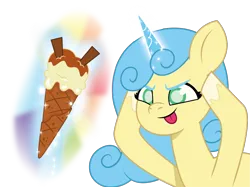 Size: 1240x926 | Tagged: safe, artist:prixy05, derpibooru import, oc, oc:sky, unofficial characters only, pony, unicorn, g5, my little pony: tell your tale, :p, blind, female, horn, ice cream cone, image, magic, mare, png, simple background, solo, tongue out, transparent background, vector