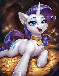 Size: 800x1024 | Tagged: safe, ai content, derpibooru import, machine learning generated, prompter:thelight3d, stable diffusion, rarity, g4, blushing, cave, chest fluff, coin, collar, ear fluff, ear piercing, earring, generator:pony diffusion v6 xl, gold, image, jewelry, open mouth, piercing, png, scrunchy face, smiling, unshorn fetlocks