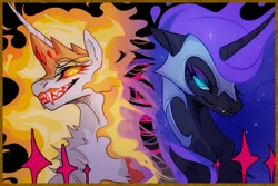 Size: 2480x1654 | Tagged: safe, artist:qswomozi, derpibooru import, daybreaker, nightmare moon, alicorn, pony, g4, black background, bust, crown, digital art, duo, duo female, ethereal mane, evil grin, evil sisters, eyelashes, eyeshadow, fangs, female, flowing mane, flowing tail, glow, glowing eyes, grin, helmet, high res, horn, image, jewelry, lidded eyes, looking at you, makeup, mane of fire, mare, passepartout, png, portrait, regalia, siblings, simple background, sisters, smiling, smiling at you, sparkles, starry mane, stars, sternocleidomastoid, tail