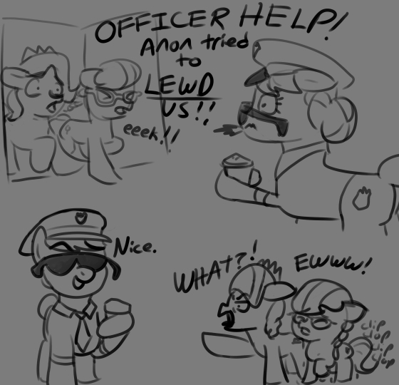 Size: 560x540 | Tagged: artist needed, source needed, safe, derpibooru import, copper top, diamond tiara, silver spoon, earth pony, pony, badge, clothes, coffee, gray background, hat, image, implied anon, implied foalcon, implied oc, implied underage, jpeg, necktie, nice, officer, police, police officer, simple background, sketch, south park, trio