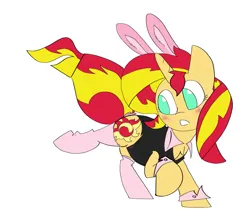 Size: 3505x3090 | Tagged: safe, artist:ponny, derpibooru import, sunset shimmer, pony, unicorn, blushing, bunny ears, bunny girl, bunny suit, clothes, colored, female, horn, image, mare, png, scrunchie, simple background, socks, solo, white background