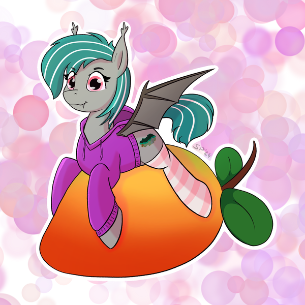 Size: 2050x2050 | Tagged: safe, artist:single purpose, derpibooru import, oc, oc:malachite cluster, unofficial characters only, bat pony, bat pony oc, bat wings, clothes, fangs, food, hoodie, image, looking at you, male, mango, png, socks, solo, trap, wings