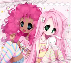 Size: 1282x1136 | Tagged: safe, artist:miidorichii, derpibooru import, fluttershy, pinkie pie, human, abstract background, anime, blackwashing, candy, clothes, dark skin, duo, duo female, female, food, humanized, image, jpeg, lollipop, moe, open mouth, open smile, plushie, shirt, sitting, socks, stockings, thigh highs