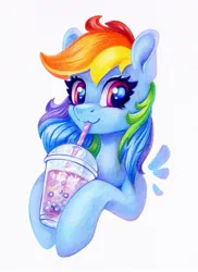 Size: 875x1200 | Tagged: safe, artist:maytee, derpibooru import, rainbow dash, pegasus, pony, g4, bubble tea, bust, drink, image, jpeg, portrait, smiling, solo, traditional art