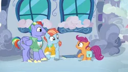 Size: 1280x720 | Tagged: safe, derpibooru import, edit, edited screencap, screencap, bow hothoof, scootaloo, windy whistles, pegasus, pony, g4, parental glideance, bag, bowabetes, clothes, cute, cutealoo, female, filly, foal, freckles, image, jacket, jpeg, looking at each other, looking at someone, male, mare, saddle bag, scrapbook, smiling, smiling at each other, spread wings, stallion, trio, windybetes, wings