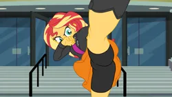 Size: 3377x1900 | Tagged: safe, artist:gmaplay, derpibooru import, sunset shimmer, equestria girls, g4, boxer briefs, clothes, image, kicking, png, skirt, skirt lift, solo, underwear