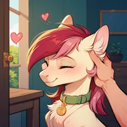 Size: 1024x1024 | Tagged: safe, ai content, derpibooru import, machine learning generated, prompter:doom9454, stable diffusion, roseluck, human, pony, behaving like a cat, closed mouth, collar, cute, ear scratch, eyes closed, floating heart, fluffy, generator:pony diffusion v6 xl, heart, image, offscreen character, offscreen human, pet tag, petting, png, pony pet, rosepet, smiling