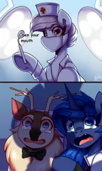 Size: 1350x2250 | Tagged: safe, artist:shadowreindeer, derpibooru import, nurse redheart, princess luna, oc, oc:kevin reindeer, alicorn, deer, reindeer, connor, dentist, detroit: become human, image, jpeg, rk900