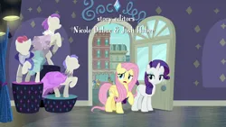 Size: 1280x720 | Tagged: safe, derpibooru import, screencap, blueberry curls, bubblegum blossom, fluttershy, neigh sayer, rarity, pegasus, pony, unicorn, fake it 'til you make it, g4, credits, direct tunes, horn, image, mannequin, png, rarity for you