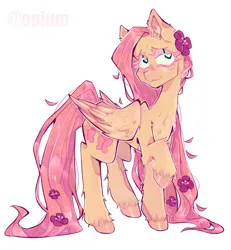 Size: 1200x1300 | Tagged: safe, artist:ldaller, derpibooru import, fluttershy, pegasus, pony, g4, 2022, blush lines, blushing, chest fluff, colored ear fluff, colored eyebrows, colored eyelashes, colored hooves, ear fluff, female, flower, flower in hair, flower in tail, folded wings, hock fluff, hooves, image, leg fluff, lidded eyes, long mane, long tail, looking up, mare, pink eyelashes, pink hooves, png, raised hoof, shiny hooves, shiny mane, shiny tail, shoulder fluff, signature, simple background, smiling, solo, standing, standing on three hooves, tail, unshorn fetlocks, white background, white pupils, wing fluff, wings