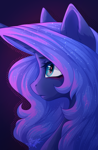 Size: 2000x3063 | Tagged: safe, artist:jsunlight, derpibooru import, princess luna, alicorn, pony, g4, blue eyes, blue mane, ethereal mane, female, flowing mane, image, lidded eyes, mare, night, png, solo, sparkles, starry mane, stars