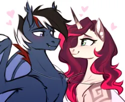 Size: 2301x1886 | Tagged: safe, artist:sparkling_light, derpibooru import, oc, oc:fire spark, unofficial characters only, bat pony, pony, unicorn, duo, duo male and female, female, horn, image, lidded eyes, looking at each other, looking at someone, male, mare, oc x oc, png, shipping, stallion, straight