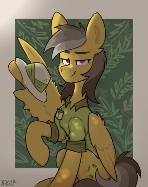 Size: 3000x3786 | Tagged: safe, artist:crashbrush, derpibooru import, daring do, pegasus, pony, g4, clothes, ear fluff, feathered wings, female, folded wings, high res, image, looking at you, mare, png, raised hoof, safari hat, sitting, smiling, solo, wing gesture, wing hold, wings