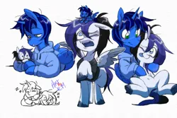 Size: 1080x720 | Tagged: safe, artist:sugarpersonlove, derpibooru import, oc, oc:lite might, oc:sugar flash, unofficial characters only, alicorn, original species, pegasus, plush pony, pony, blue coat, blushing, clothes, crying, duo, duo male and female, fangs, female, filter, hoodie, horn, hug, image, looking at each other, looking at someone, lying down, male, mare, multiple variants, one eye closed, open mouth, paper, plushie, png, shirt, simple background, sleeping, smiley face, smiling, smiling at each other, spread wings, stallion, standing, t-shirt, tongue out, toy, white background, white coat, wings, wink