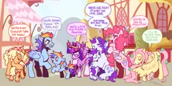 Size: 2153x1080 | Tagged: safe, derpibooru import, applejack, fluttershy, pinkie pie, rainbow dash, rarity, twilight sparkle, earth pony, original species, pegasus, pony, ponymorph, unicorn, g4, alternate design, bandana, bipedal, coat markings, comic interpretation, dialogue, element of magic, eyes closed, female, filly, filly applejack, filly fluttershy, filly mane six, filly pinkie pie, filly rainbow dash, filly rarity, filly twilight sparkle, foal, glasses, holding a pony, horn, hug, image, mane six, mare, png, scene interpretation, self paradox, self ponidox, socks (coat marking), speech bubble, time paradox, unicorn twilight, unshorn fetlocks, winghug, wings, younger