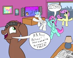 Size: 2000x1600 | Tagged: safe, artist:amateur-draw, derpibooru import, cheese sandwich, oc, oc:belle boue, oc:diamond glare, oc:oak wood, oc:soft blue, unofficial characters only, earth pony, pegasus, unicorn, accordion, city, cityscape, dancing, horn, image, lamp, music, music notes, musical instrument, newspaper, painting, picture frame, png, polka, polka music, room, television, unamused