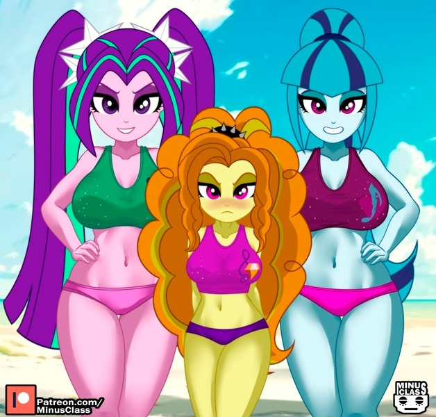 Size: 1000x955 | Tagged: suggestive, artist:minusclass, derpibooru import, adagio dazzle, aria blaze, sonata dusk, human, equestria girls, g4, 2d, bangs, beach, belly, belly button, bikini, bikini bottom, bikini top, blushing, breasts, busty aria blaze, busty sonata dusk, cleavage, clothes, cloud, concave belly, curly hair, cutie mark, cutie mark on clothes, day, eyeshadow, female, hairband, hand on hip, height difference, image, jpeg, legs, legs together, makeup, midriff, ocean, outdoors, patreon, patreon logo, pigtails, ponytail, sand, siblings, sideburns, sisters, sky, sleeveless, smiling, spikes, swimsuit, the dazzlings, twintails, unamused, water, wide hips