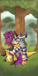 Size: 840x1700 | Tagged: safe, artist:_tinyberri, derpibooru import, oc, oc:ella starshade, gabumon, hybrid, quilava, commission, cuddling, digimon, facial markings, fangs, forest, forest background, happy, image, one eye closed, png, pokémon, smiling, tongue out, tree, wink