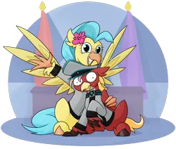 Size: 2070x1753 | Tagged: safe, artist:moonatik, derpibooru import, princess skystar, oc, oc:posada, classical hippogriff, hippogriff, equestria at war mod, my little pony: the movie, abstract background, clothes, desk, female, flag, flower, flower in hair, hat, hippogriff oc, hug, image, peaked cap, png, sitting, size difference, wings