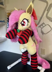 Size: 1714x2384 | Tagged: safe, artist:qtpony, derpibooru import, fluttershy, bat pony, pony, apple, bat ponified, bow, clothes, flutterbat, food, hair bow, image, irl, jpeg, photo, plushie, race swap, socks, solo, striped socks