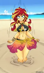 Size: 1800x3000 | Tagged: safe, artist:dibujoschidosdelabad, derpibooru import, part of a set, sunset shimmer, human, equestria girls, g4, bare shoulders, beach, bikini, bikini top, bracelet, breasts, busty sunset shimmer, clothes, cloud, commission, commissioner:bkleppe, cutie mark, cutie mark on equestria girl, cutie mark on human, exclamation point, geode of empathy, image, jewelry, magical geodes, movement, ocean, painted nails, peril, png, question mark, quicksand, sand, sarong, shocked, signature, sinking, sky, story included, stuck, surprised, swimsuit, text, water