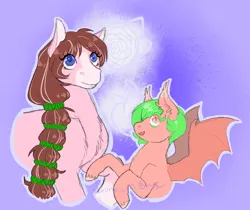 Size: 1772x1490 | Tagged: safe, artist:luna_mcboss, derpibooru import, oc, oc:sploosh, oc:yamire, unofficial characters only, bat, bat pony, clydesdale, earth pony, fruit bat, pony, bat wings, blaze (coat marking), blue eyes, brown mane, bust, chest fluff, coat markings, colored eyelashes, colored sketch, duo, duo female, ear fluff, facial markings, fangs, feathered fetlocks, feet, female, female oc, females only, green mane, image, long mane, looking up, outline, pink coat, pink eyes, png, purple background, short mane, simple background, size difference, sketch, spread wings, stocking feet, tied hair, tied mane, wings