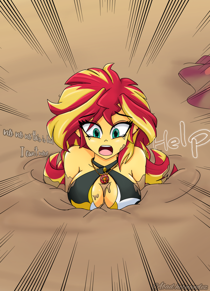 Size: 2100x2900 | Tagged: safe, artist:dibujoschidosdelabad, derpibooru import, part of a set, sunset shimmer, equestria girls, g4, bare shoulders, beach, bikini, bikini top, breasts, busty sunset shimmer, calling, clothes, commission, commissioner:bkleppe, crying, dialogue, discarded clothing, geode of empathy, image, magical geodes, open mouth, peril, png, quicksand, sand, sarong, signature, sinking, story included, struggling, stuck, swimsuit, text