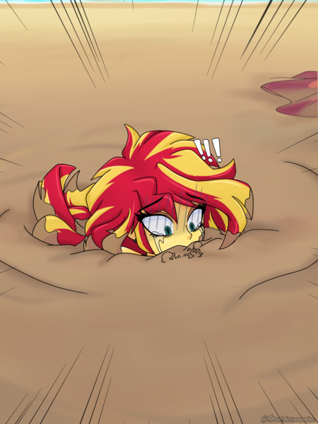 Size: 1800x2400 | Tagged: safe, artist:dibujoschidosdelabad, derpibooru import, part of a set, sunset shimmer, equestria girls, g4, beach, bubble, clothes, commission, commissioner:bkleppe, crying, discarded clothing, exclamation point, image, imminent death, peril, png, quicksand, sand, sarong, signature, sinking, story included, struggling, stuck, swimsuit, text