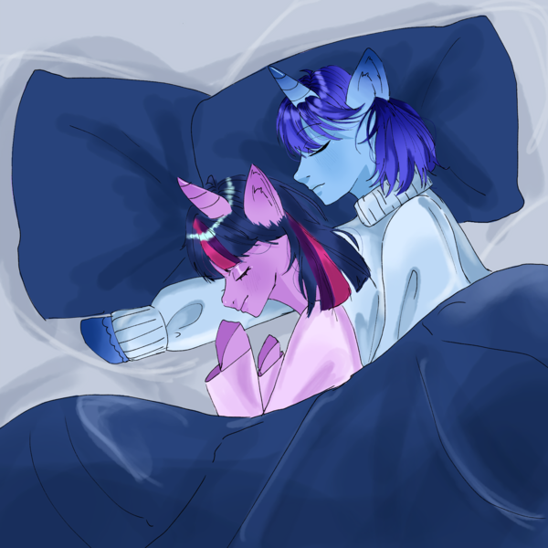 Size: 3600x3600 | Tagged: artist needed, source needed, safe, derpibooru import, twilight sparkle, twilight sparkle (alicorn), oc, oc:blue thunder, alicorn, bed, canon x oc, clothes, cuddling, female, happy, image, male, on bed, png, shipping, snuggling, straight, thundersparkle