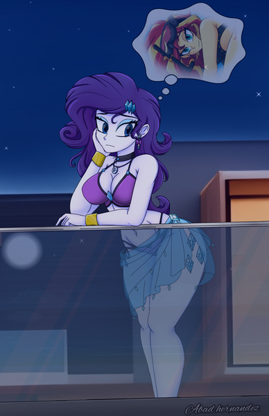 Size: 2200x3400 | Tagged: safe, artist:dibujoschidosdelabad, derpibooru import, part of a set, rarity, sunset shimmer, human, equestria girls, g4, apartment, balcony, bikini, bikini top, bracelet, breasts, busty rarity, clothes, commission, commissioner:bkleppe, cutie mark, cutie mark on equestria girl, cutie mark on human, dive mask, ear piercing, earring, geode of shielding, glass, goggles, hand on cheek, image, jewelry, magical geodes, moon, night, piercing, png, rarity's beach shorts swimsuit, sarong, signature, snorkel, stupid sexy sunset shimmer, swimsuit, text, thought bubble, unaware, worried