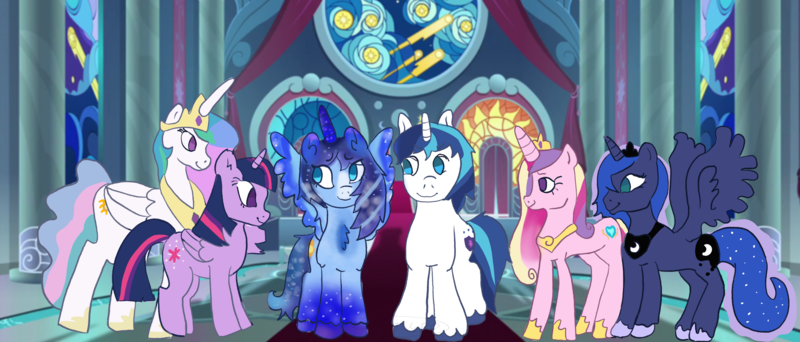 Size: 3817x1633 | Tagged: artist needed, source needed, safe, derpibooru import, princess cadance, princess celestia, princess luna, shining armor, twilight sparkle, twilight sparkle (alicorn), oc, oc:blue thunder, alicorn, image, png, royal family, royalty, throne room