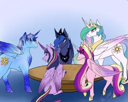 Size: 2500x2000 | Tagged: artist needed, source needed, safe, derpibooru import, princess cadance, princess celestia, princess luna, twilight sparkle, twilight sparkle (alicorn), oc, oc:blue thunder, alicorn, image, meeting, png