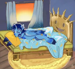 Size: 1600x1476 | Tagged: artist needed, source needed, safe, derpibooru import, oc, oc:blue thunder, alicorn, bed, image, jpeg, on bed, sleeping