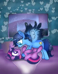 Size: 1100x1400 | Tagged: artist needed, source needed, safe, derpibooru import, twilight sparkle, oc, oc:blue thunder, alicorn, unicorn, bedroom ponies, happy, horn, image, pinning down, png