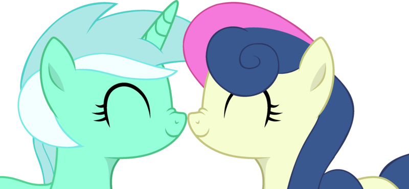 Size: 3185x1479 | Tagged: safe, artist:stephen-fisher, derpibooru import, bon bon, lyra heartstrings, sweetie drops, earth pony, unicorn, g4, boop, duo, duo female, eyes closed, female, horn, image, lesbian, lyrabon, noseboop, png, shipping, simple background, smiling, transparent background