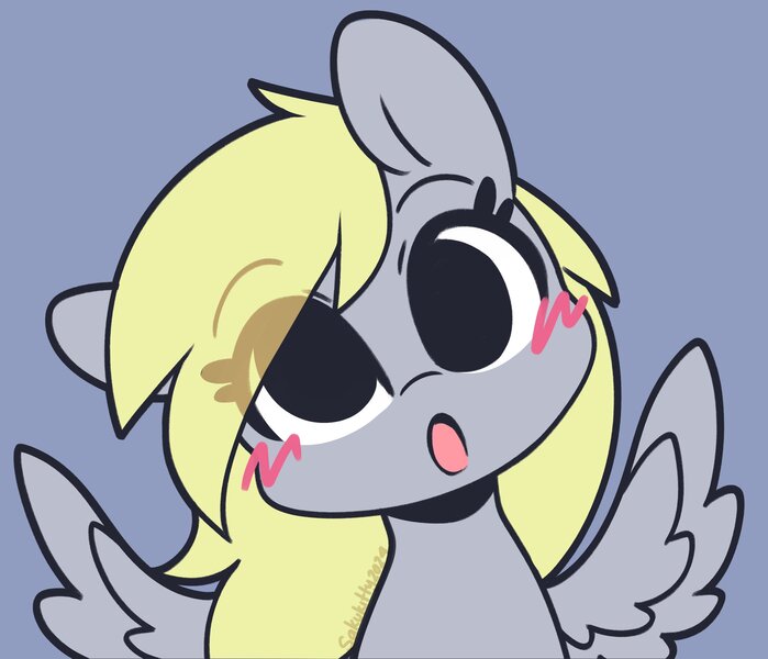 Size: 2324x1995 | Tagged: safe, artist:sakukitty, derpibooru import, derpy hooves, pegasus, pony, g4, :o, blue background, blushing, cute, derpabetes, eyes open, female, image, jpeg, mare, open mouth, simple background, solo, spread wings, wings