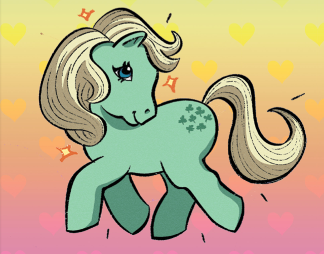 Size: 640x503 | Tagged: safe, derpibooru import, idw, minty (g1), earth pony, pony, g1, spoiler:comic, 40th anniversary, female, gradient background, heart, image, mare, png, sparkles