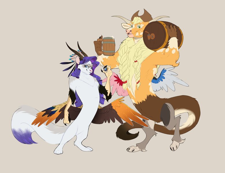 Size: 4096x3151 | Tagged: safe, artist:chub-wub, derpibooru import, applejack, rarity, draconequus, g4, applejack's hat, barrel, cider, cider mug, cowboy hat, draconequified, duo, duo female, female, hat, image, jpeg, mug, species swap