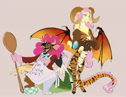 Size: 4096x3151 | Tagged: safe, artist:chub-wub, derpibooru import, fluttershy, pinkie pie, draconequus, g4, :p, apron, ball, balloon, beige background, clothes, draconequified, duo, duo female, female, flutterequus, image, jpeg, open mouth, simple background, species swap, spoon, tongue out, wooden spoon