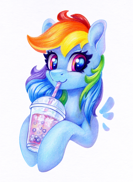 Size: 875x1200 | Tagged: safe, artist:maytee, derpibooru import, rainbow dash, pegasus, pony, g4, bubble tea, bust, colored pencil drawing, cup, drink, drinking, drinking straw, image, png, portrait, simple background, smiling, solo, traditional art, white background