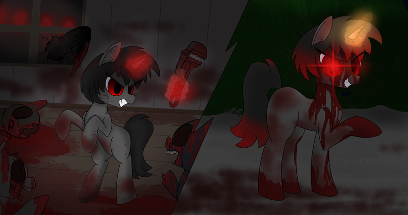 Size: 4096x2160 | Tagged: semi-grimdark, artist:suryfromheaven, derpibooru import, oc, oc:ada, demon, pony, unicorn, blood, blood splatter, blood stains, d'lirium, dark background, female, glow, glowing eyes, glowing horn, horn, image, mare, pipe wrench, png, simple background, wrench