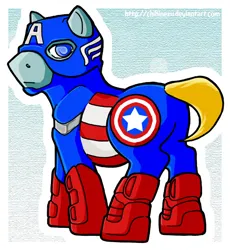 Size: 551x600 | Tagged: safe, artist:clueless-nu, derpibooru import, ponified, earth pony, pony, boots, captain america, clothes, costume, image, jpeg, male, marvel, shoes, signature, solo, stallion, tail